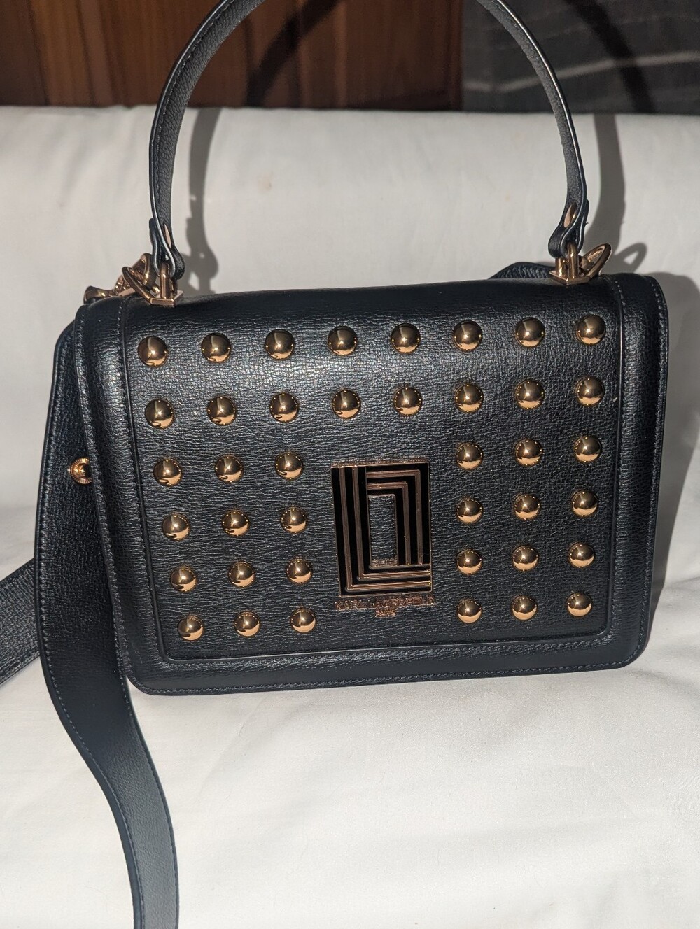 Karl Lagerfeld Paris Black Crossbody Bag with Gold Studs